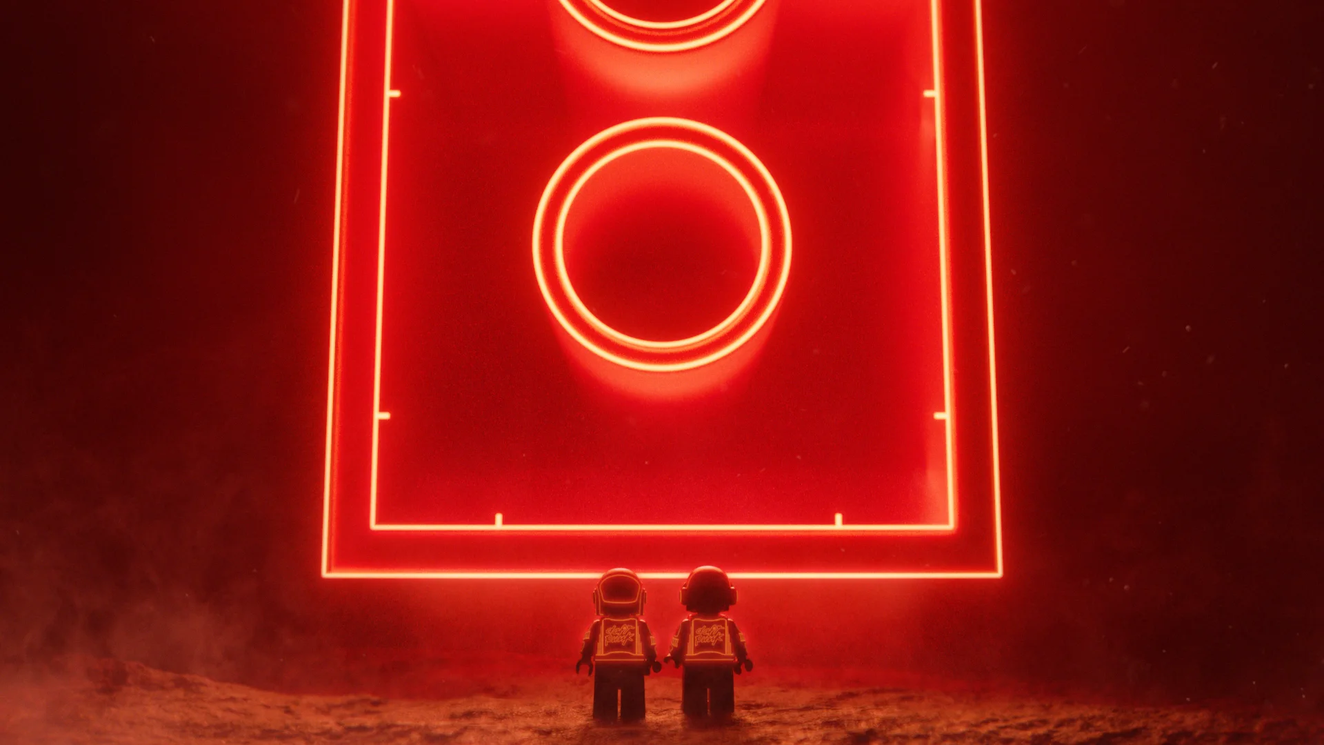 Les minifigures LEGO de Daft Punk face à une brique rouge lumineuse
