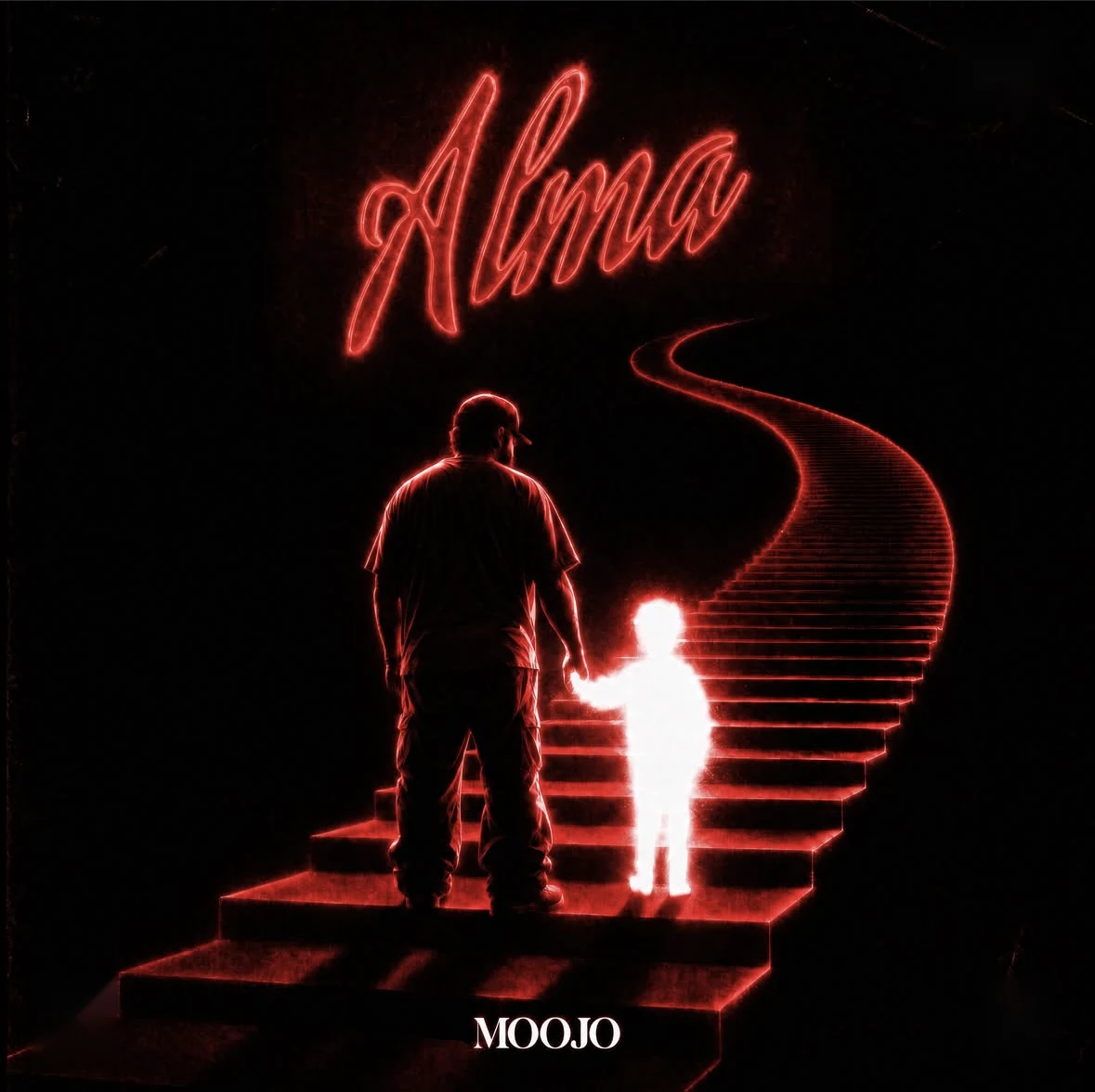 Pochette de l’album ALMA de Moojo : un homme et un enfant lumineux montent un escalier rouge